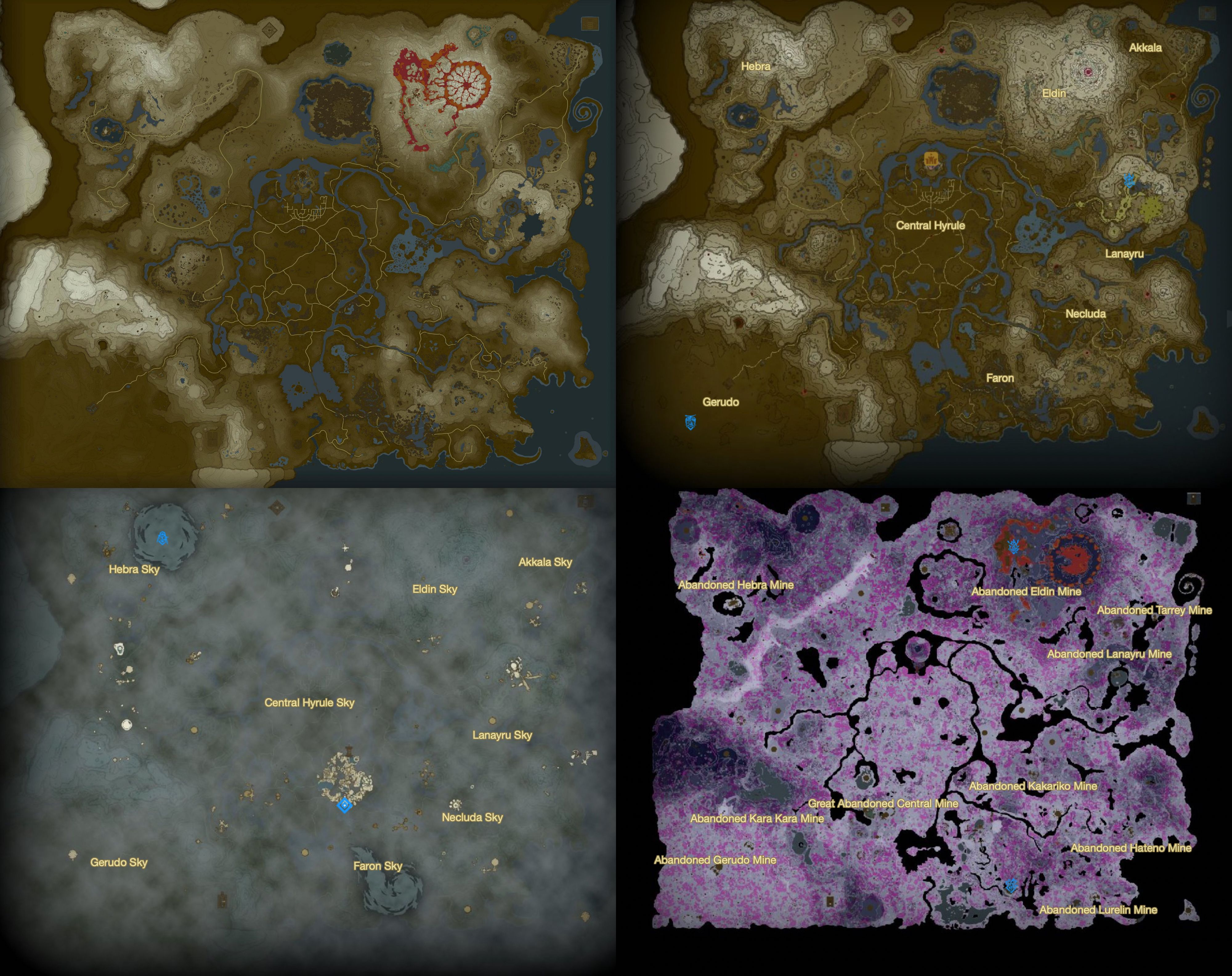 A collage of four maps - one from Breath of the Wild in the top left corner, and three from Tears of the Kingdom showing the game's multi-level design.