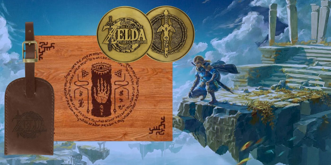 TOTK Preorder Bonus Items showing a luggage tag, coins, and a wooden plaque with Zelda designs.