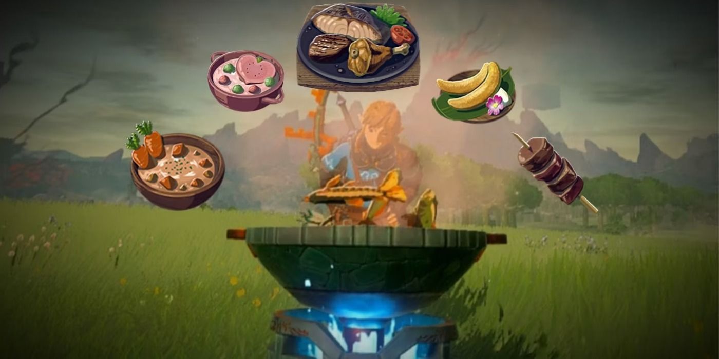 TOTK Zelda in front of cauldron with food items above his head. 