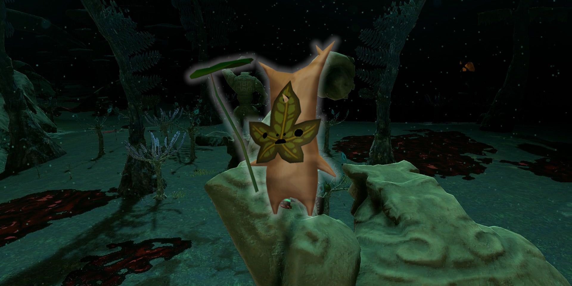Korok, makhluk lonjong seperti pohon, ditumpangkan di atas gambar kedalaman gelap dari Zelda: Air Mata Kerajaan.  Ini memegang daun dengan batang panjang.