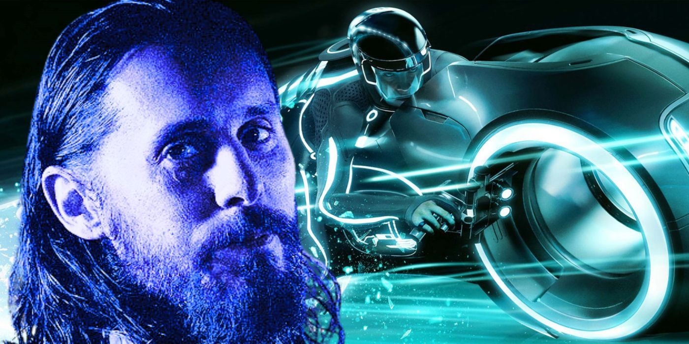 A composite image of Jared Leto with a bushy beard and a person riding a light cycle in Tron: Legacy