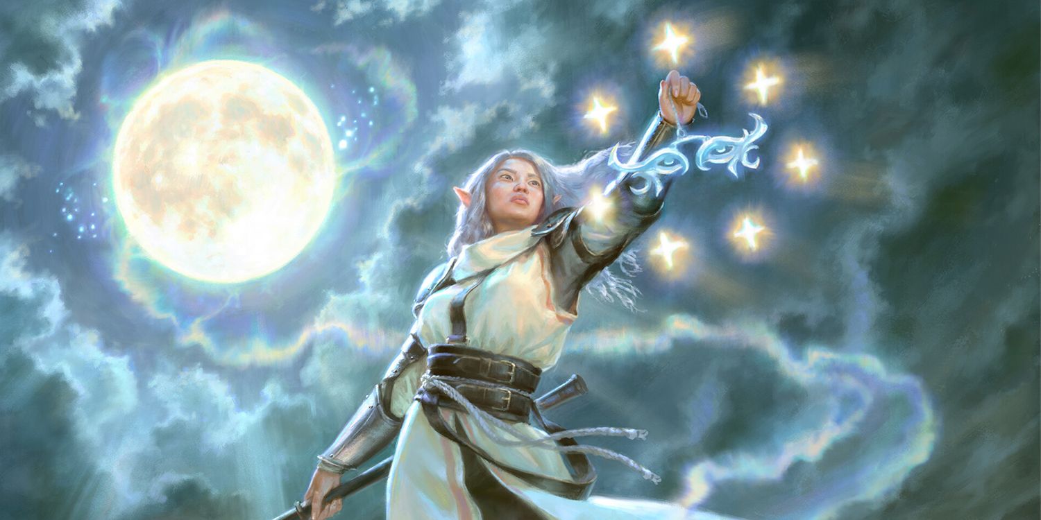 DnD 5e Twilight Cleric casting a spell with the moon at their back.