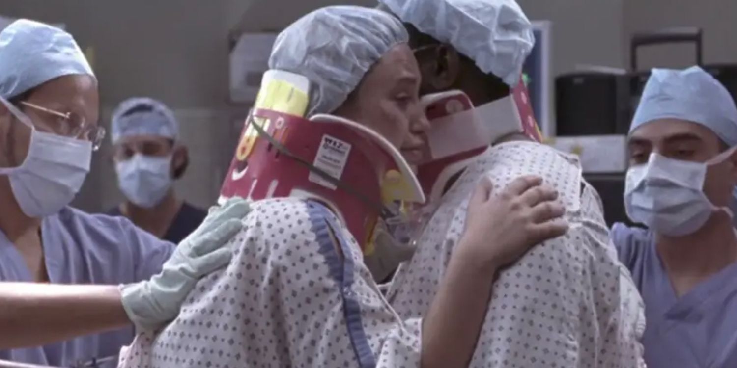Two patients embrace one another because they are impaled on the same metal pole in Greys Anatomy
