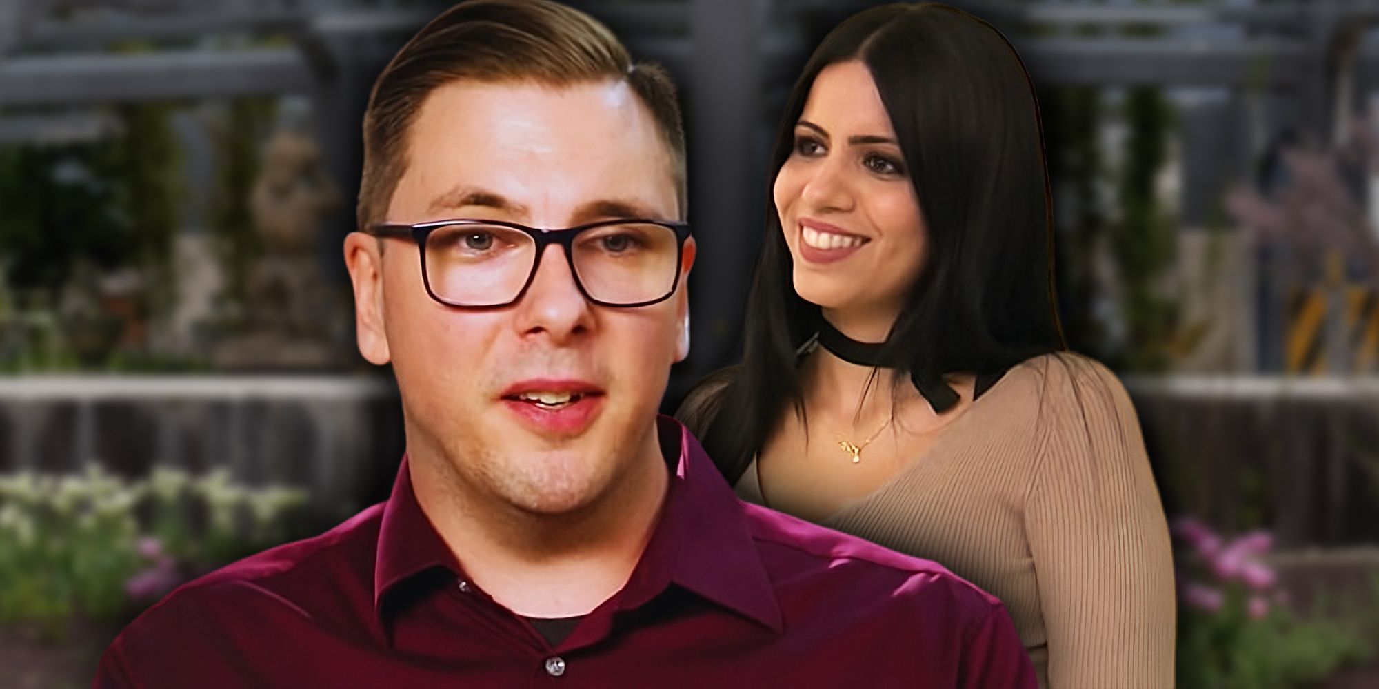 Colt Johnson and Larissa Lima from 90 Day Fiancé, with colt in burgundy and larissa in beige