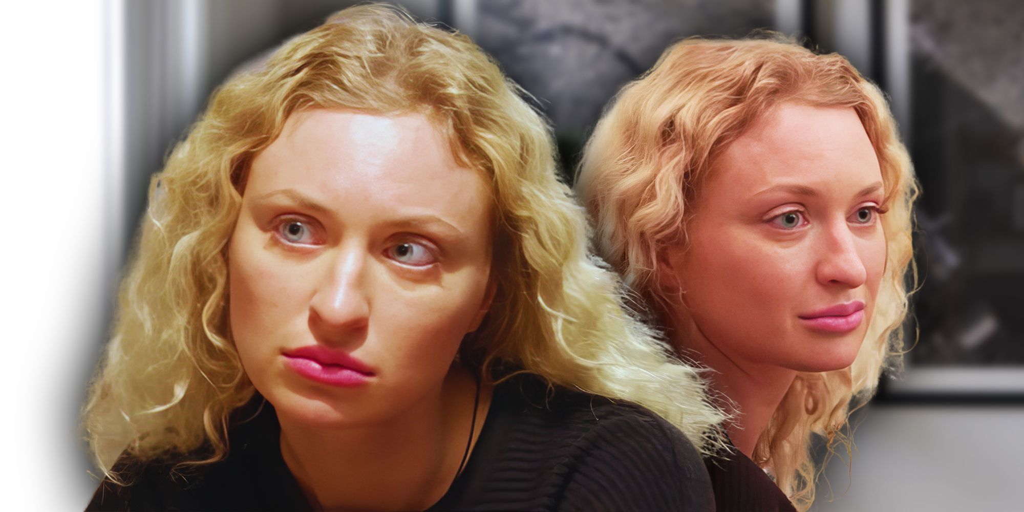 Natalie Mordovtseva from 90 Day Fiancé montage two shots of natalie looking serious