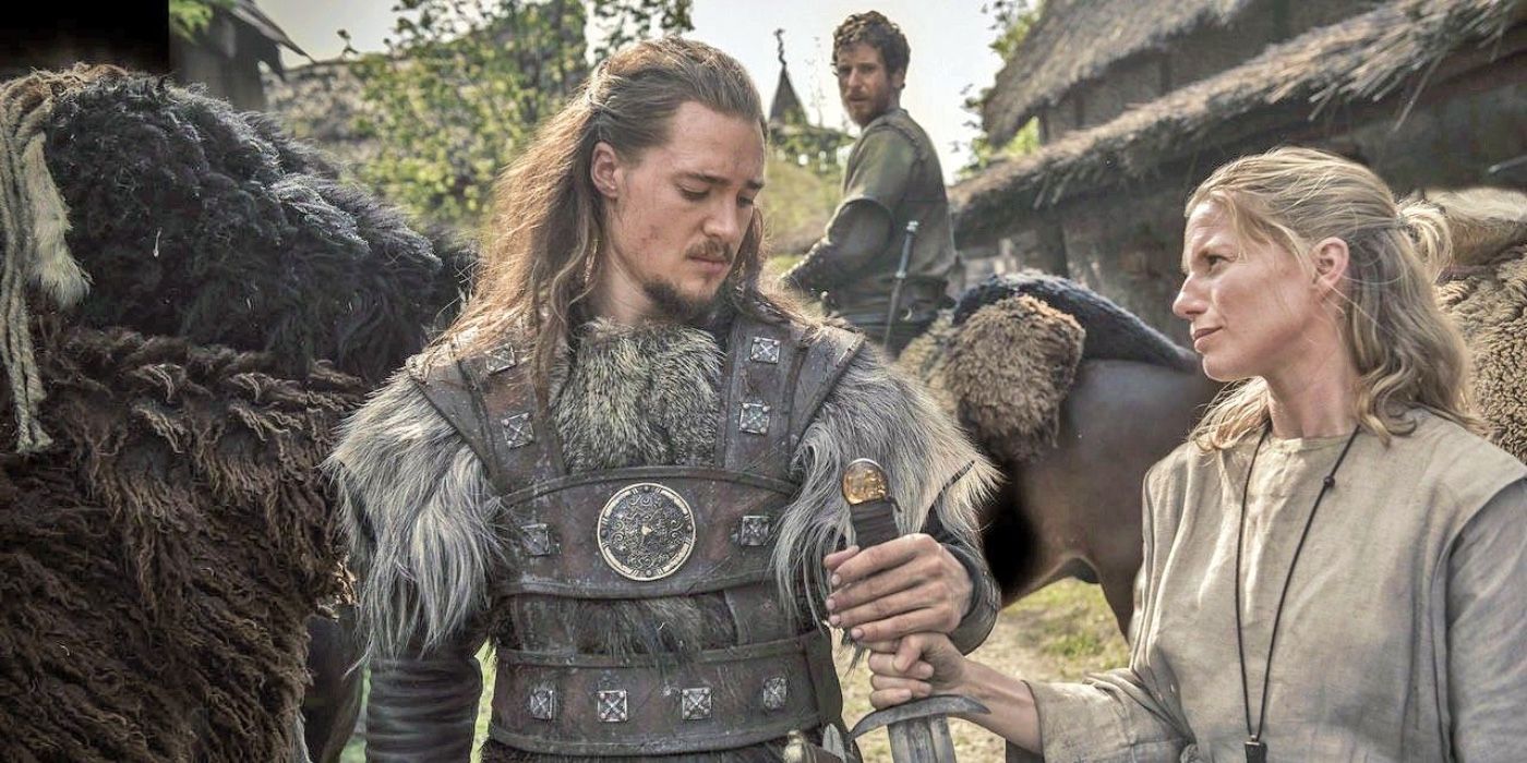 Alexander Dreymon as Uhtred and a woman holding a sword in The Last Kingdom