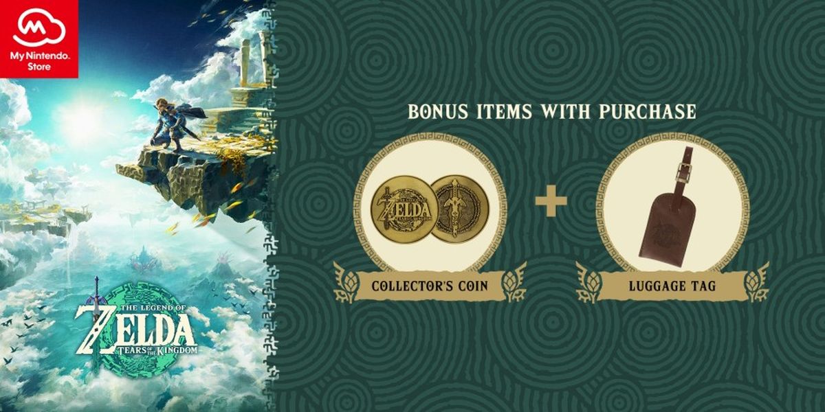 UK Nintendo Store TOTK Preorder Bonus showing collector's coin and luggage tag