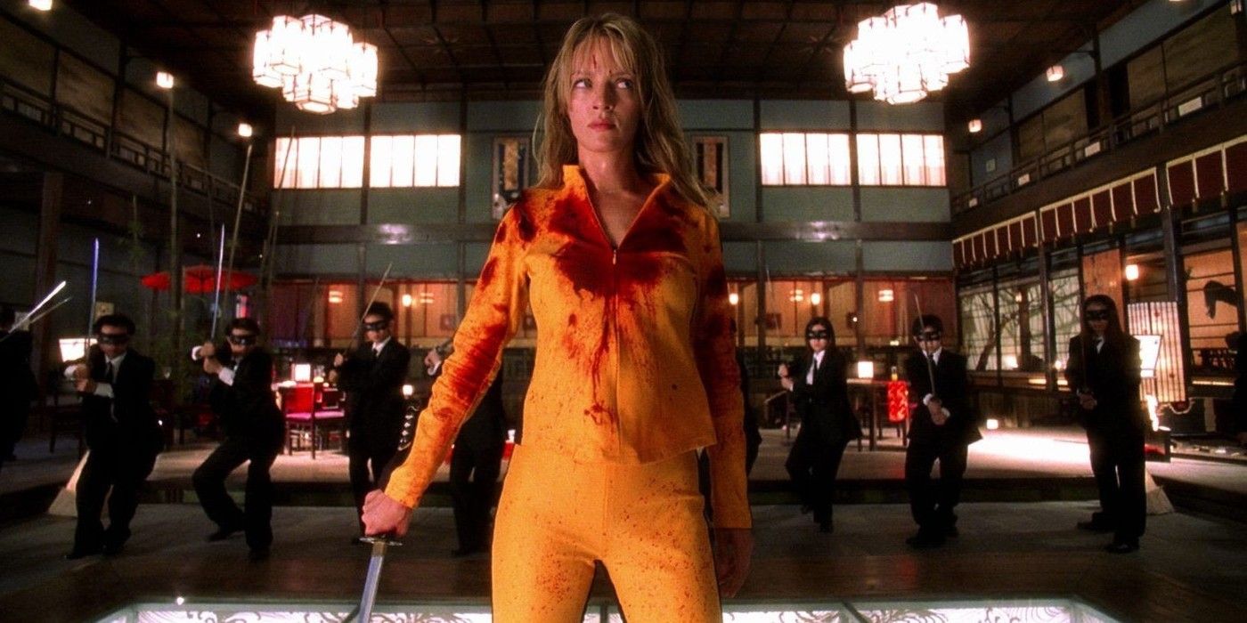 Uma Thurman covered in blood and being attacked by the Crazy 88 in Kill Bill