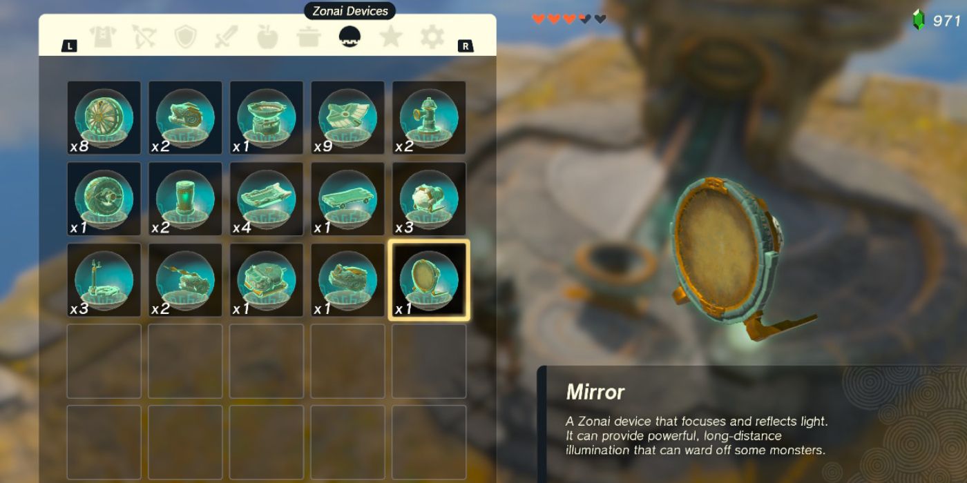 The Zonai Mirror in Link's inventory with description