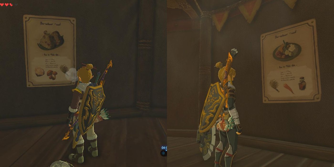 A pair of images show Link looking at recipe posters in Breath of the Wild: on the left, a recipe for rice balls, and on the right, a recipe for a carrot stew.