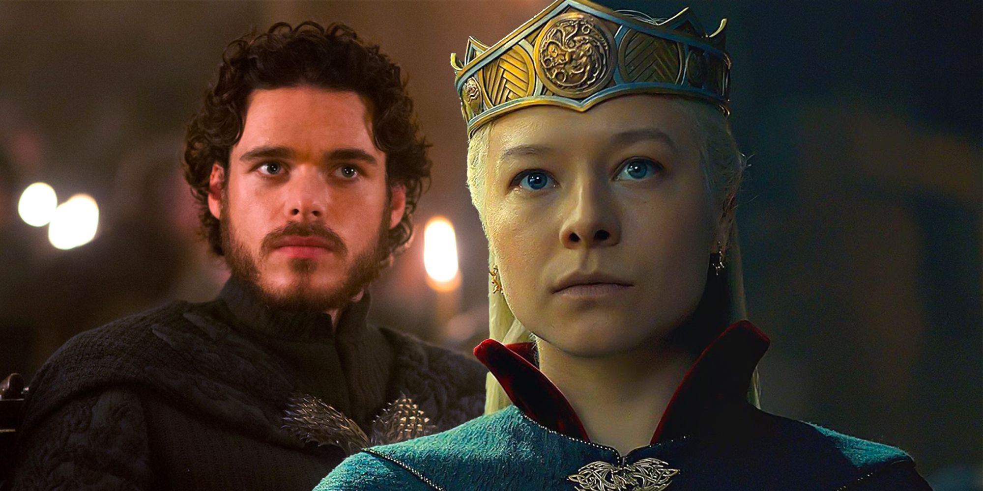 Robb Stark at the Red Wedding in GOT with Rhaenyra Targaryen wearing her crown in HOTD