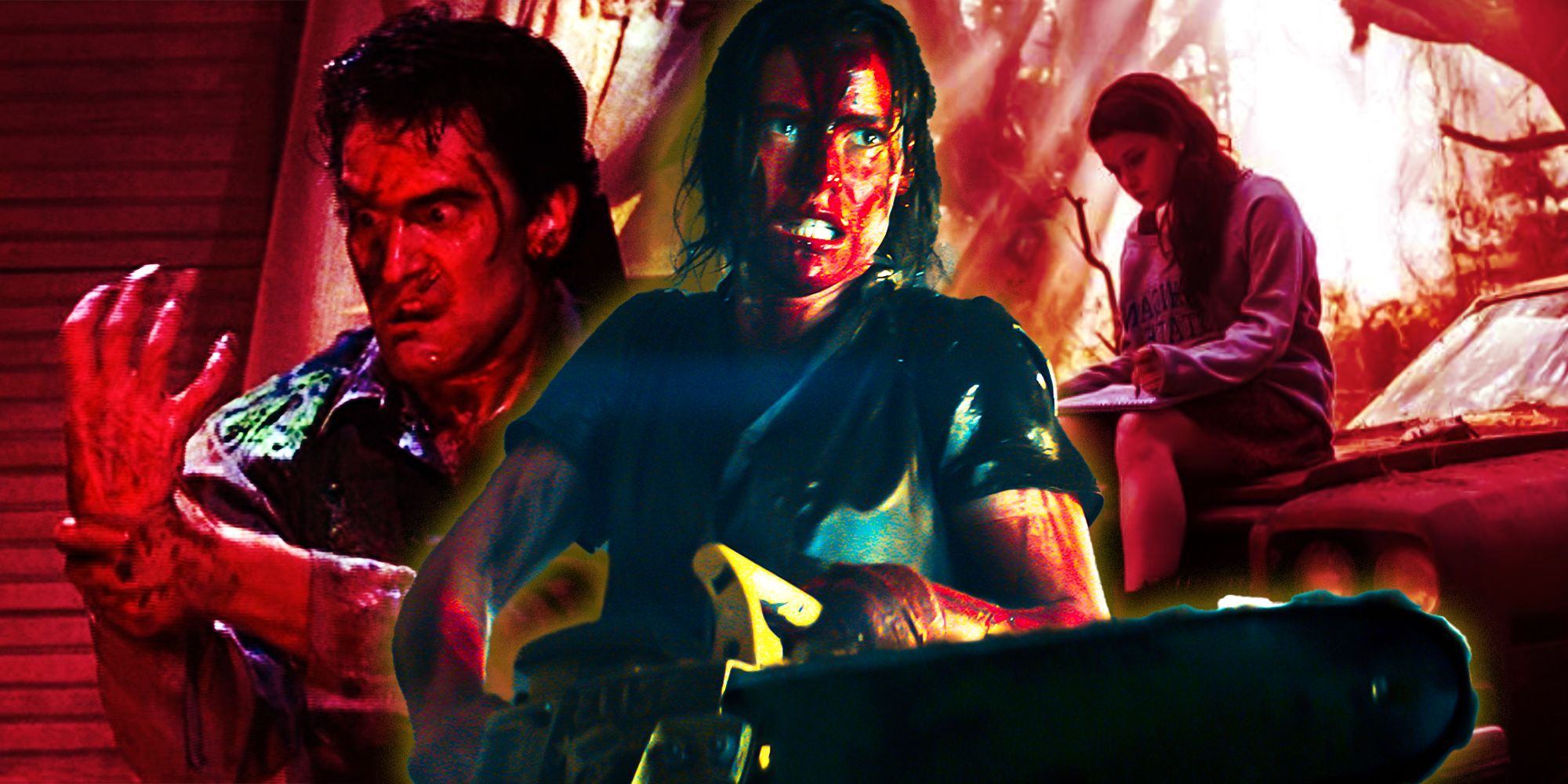 Ash holding his hand in Evil Dead II, Beth holding a chainsaw in Evil Dead Rise, and Mia sitting on the Delta 88 in Evil Dead 2013