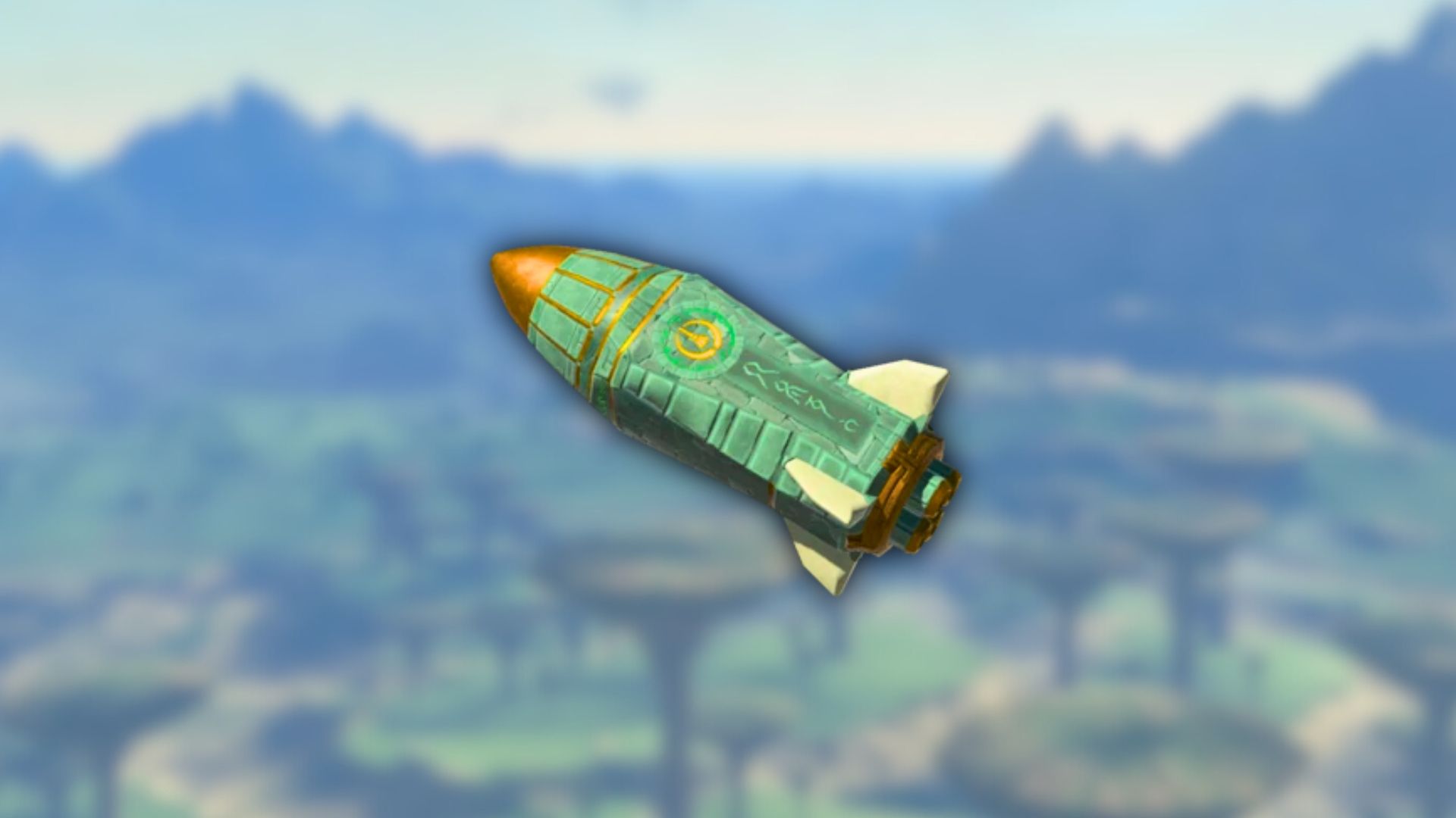 Zonai rocket over blurred hyrule background