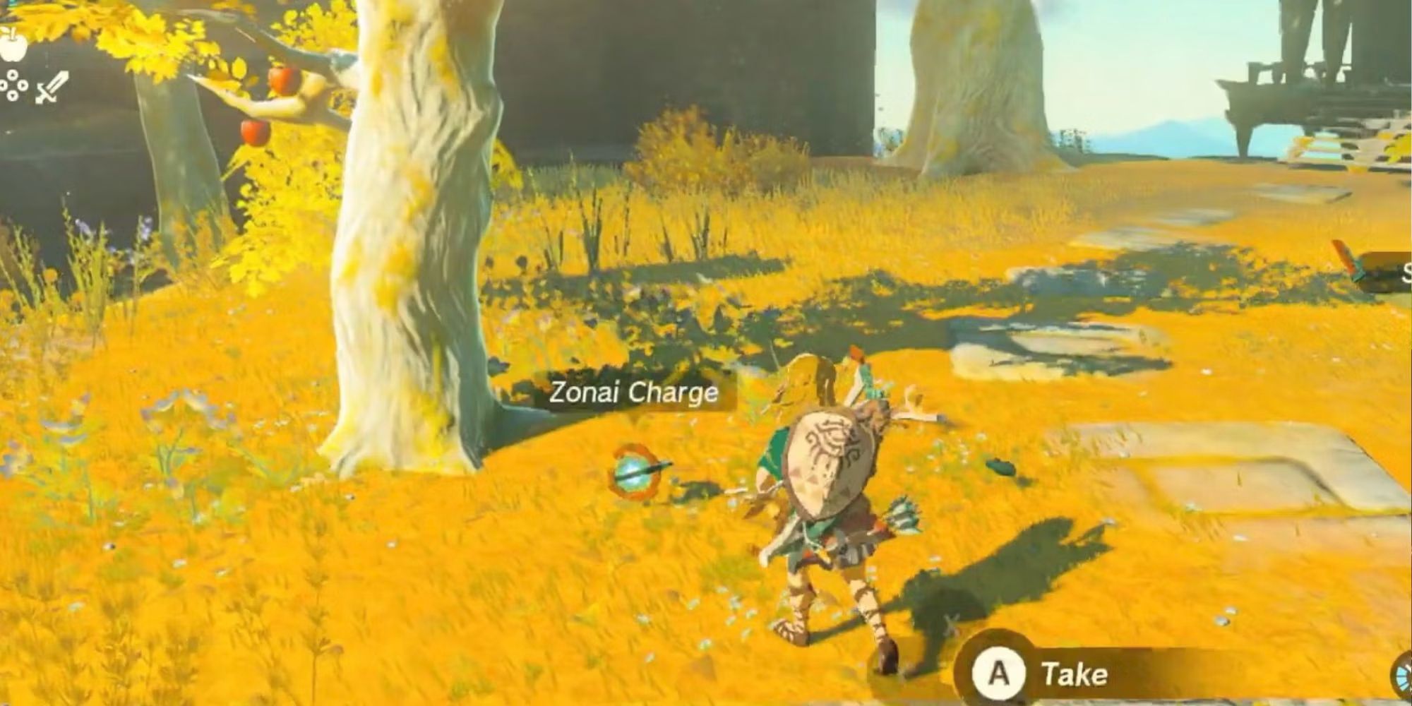 Link happens upon a Zonai Charge, a green-glowing sphere, on the ground in Tears of the Kindgom.