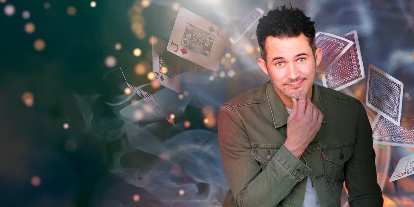 Justin Willman posing for camera with a cosmic background