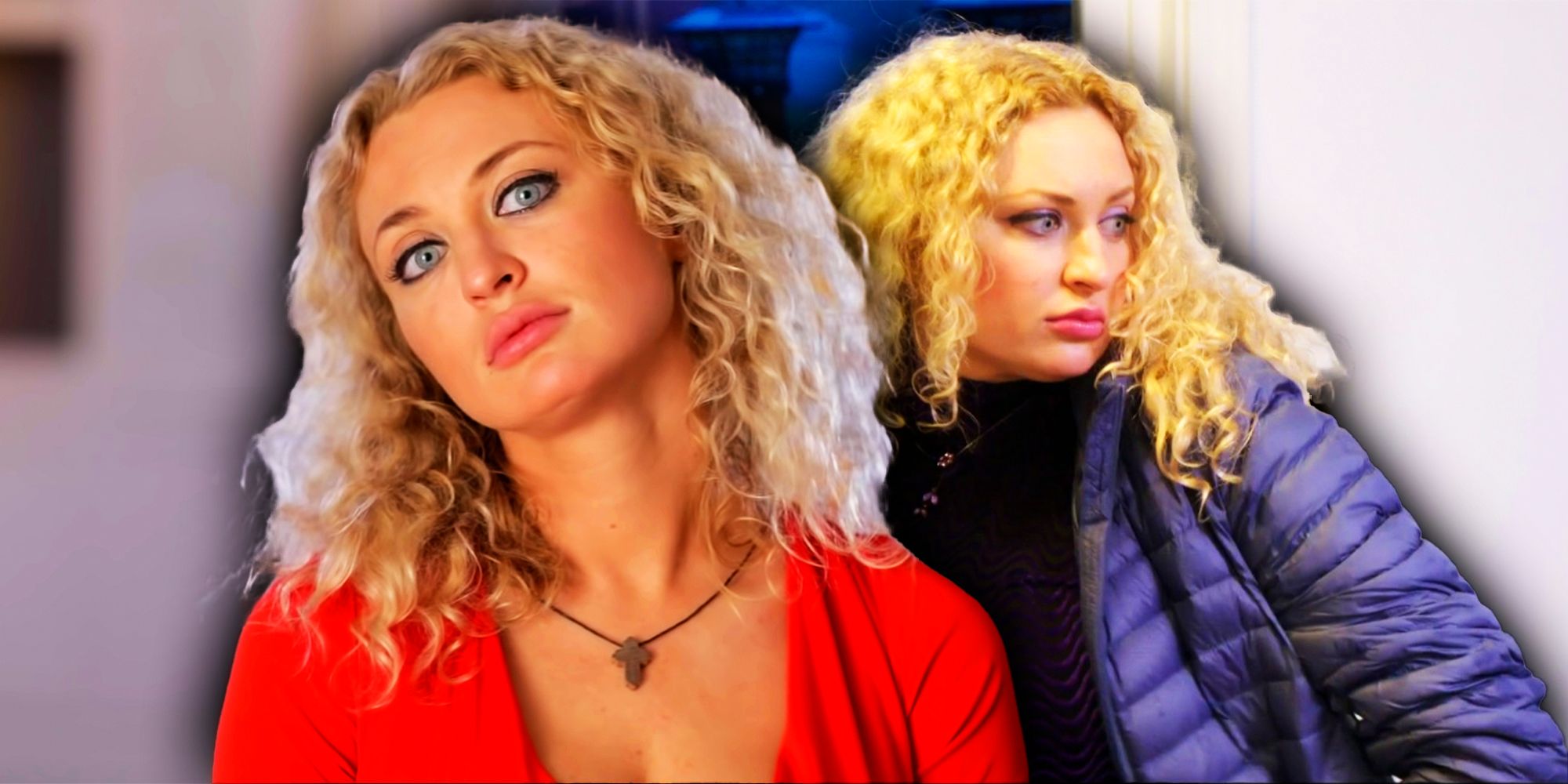 Natalie Mordovtseva 90 Day Fiance wearing blue and red outfits in montage