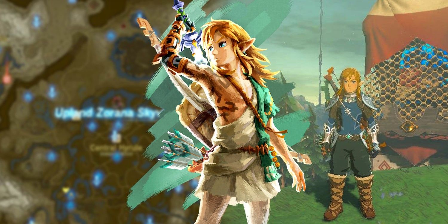 Link PNG connecting a background image of the TOTK map alongside Link at Upland Zorana Skyview Tower