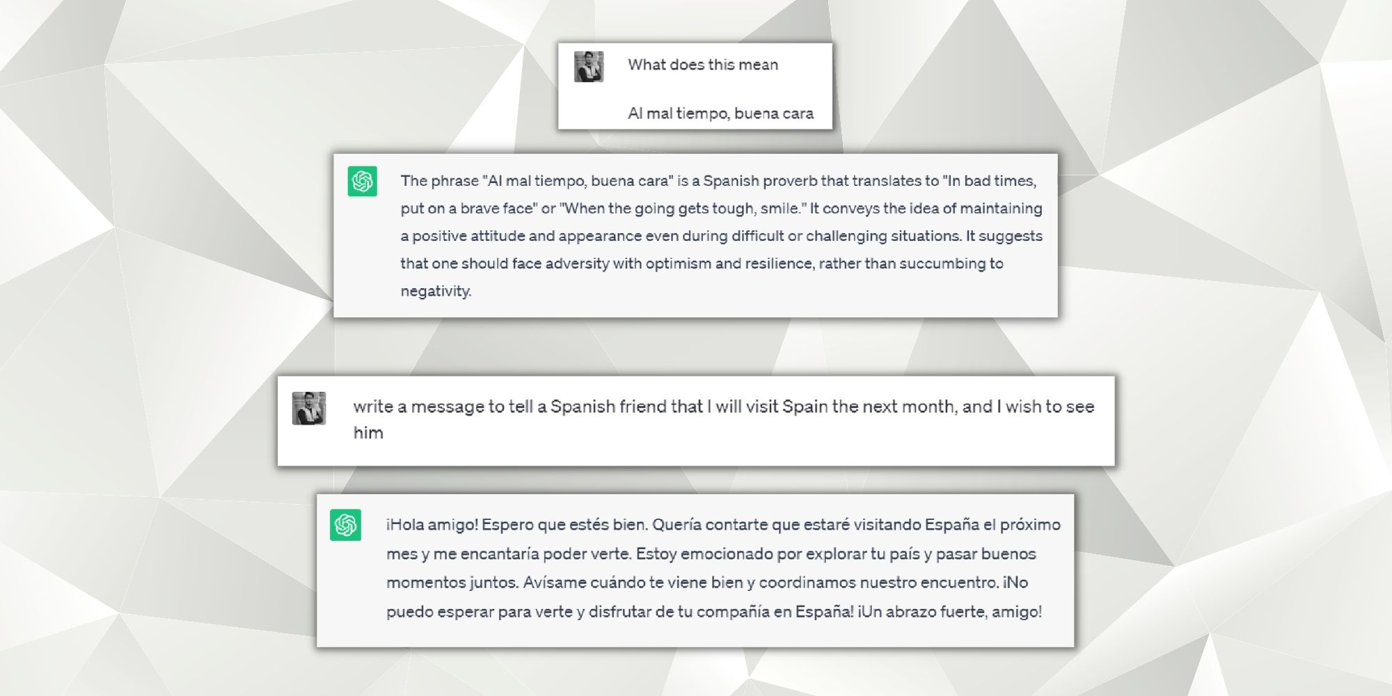 Cuplikan layar ChatGPT menerjemahkan bahasa Inggris ke bahasa Spanyol dan menulis pesan dalam bahasa Spanyol