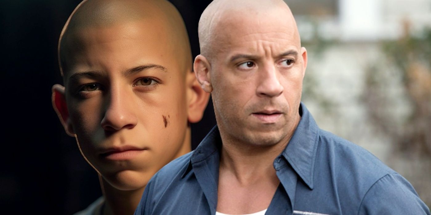 Custom image of Vin Diesel as Dom and AI art imagining a kid version of Dom.