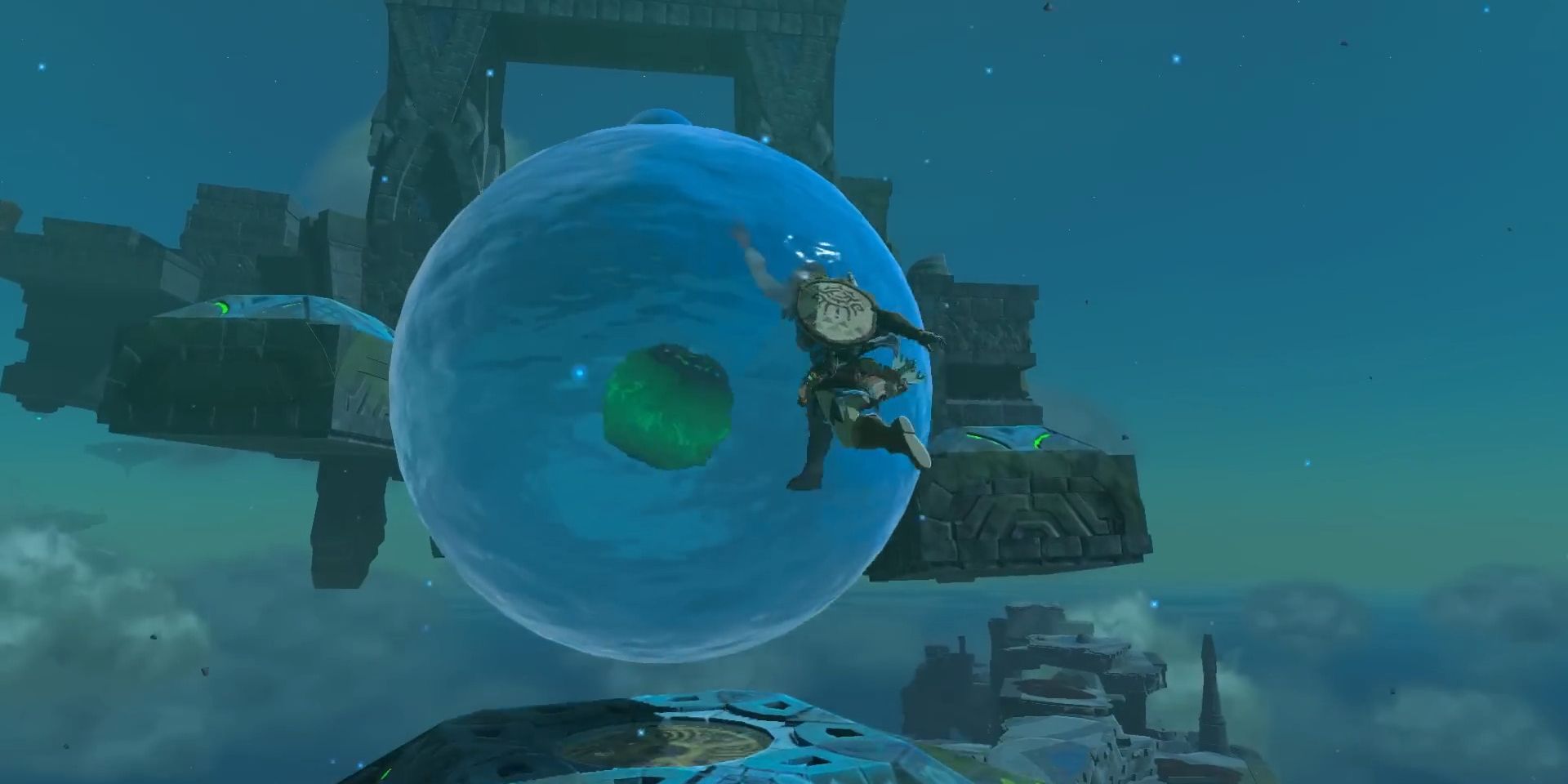 Link jumps into a floating drop of water in Tears of the Kingdom