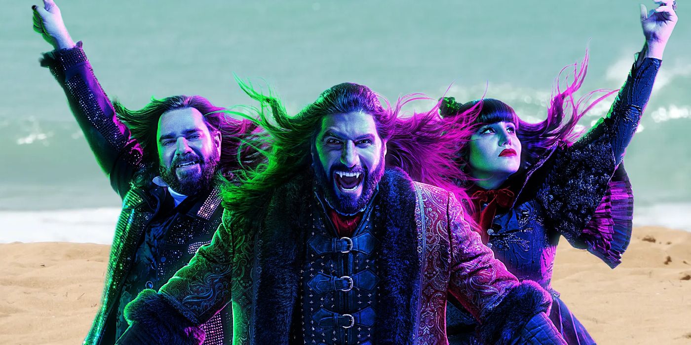 What We Do in the Shadows Vampire Cast with a Beach backdrop