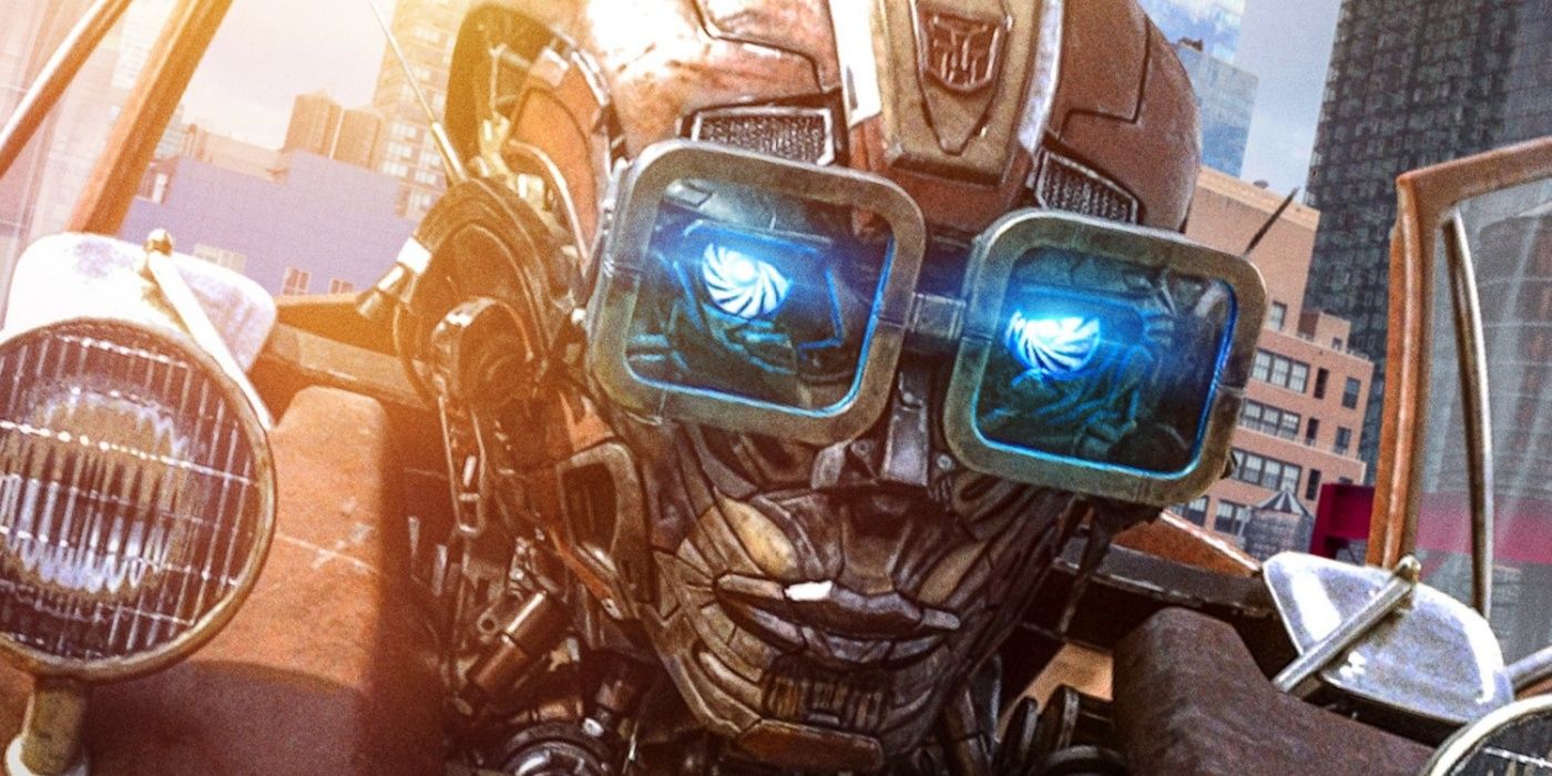 Um close de Wheeljack usando óculos em Transformers Rise of the Beasts.