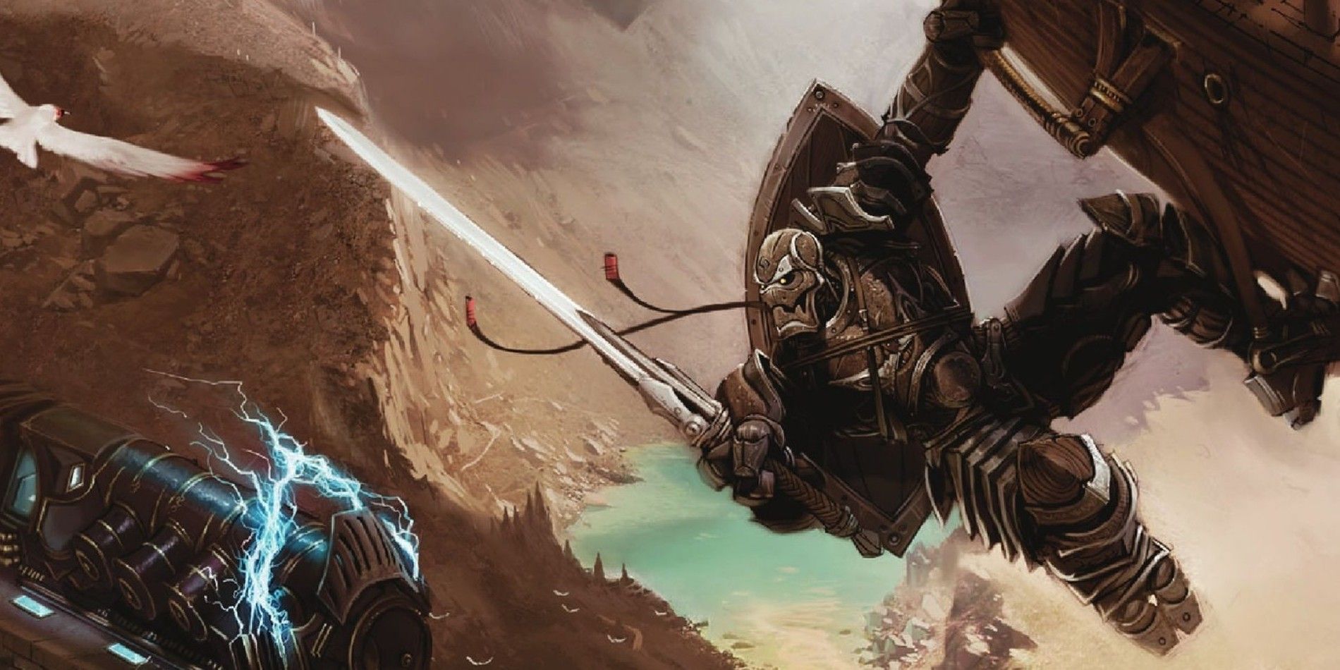Interior art from the DnD Eberron book featuring a Warforged hero preparing to board the Ligthning Rail.
