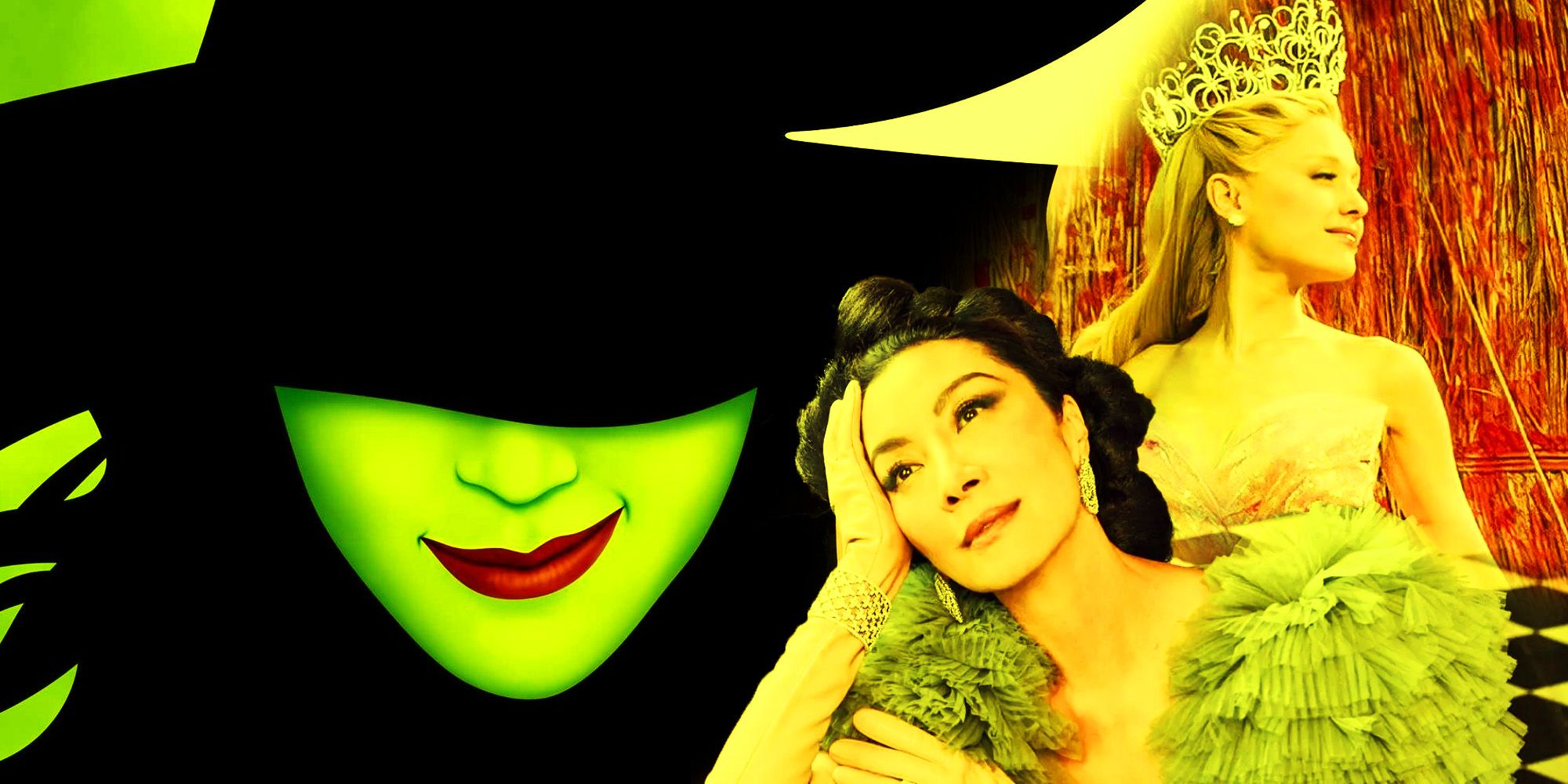 Wicked Witch of the Witch iconography collaged with Michelle Yeoh and Ariana Grande in Wicked