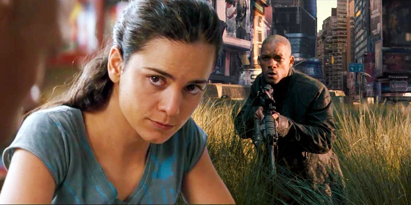 Alice Braga juxtaposed with Will Smith in I Am Legend.