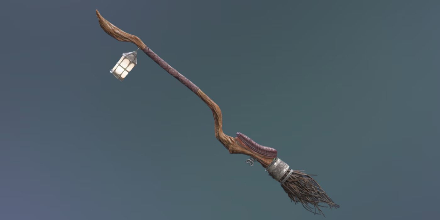 Render of the Wind Wisp fbroom from Hogwarts Legacy on a gray background.