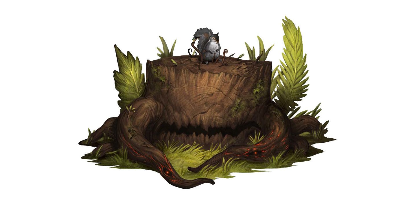 Artwork of a tree stump with a squirrel on top. The stump as a mouth and grins menacingly.
