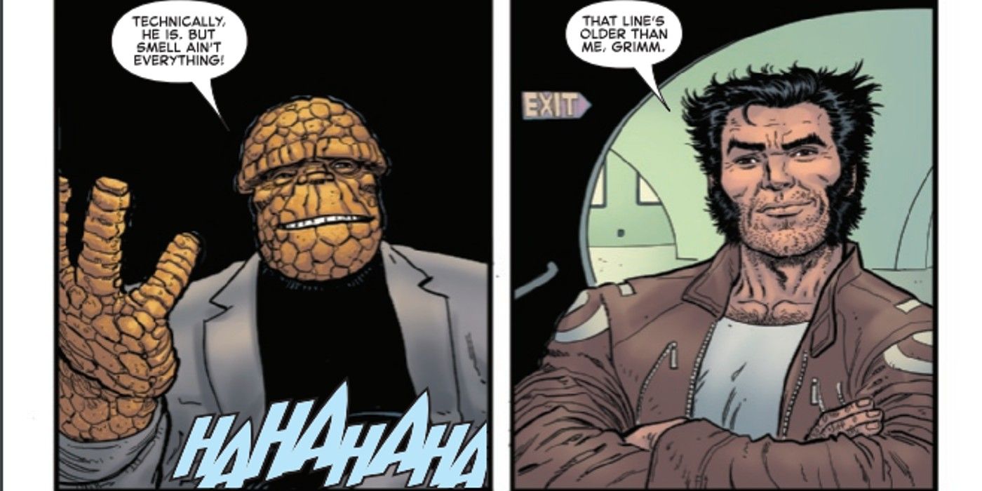 Wolverine assiste a piada do Coisa sobre Hulk ser mais forte que ele