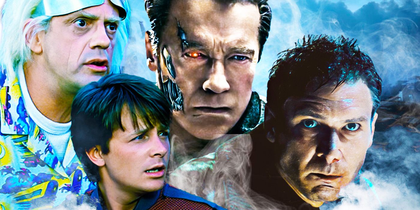 Composite image of Doc and Marty, The Terminator, and Harrison Ford as Blade Runner