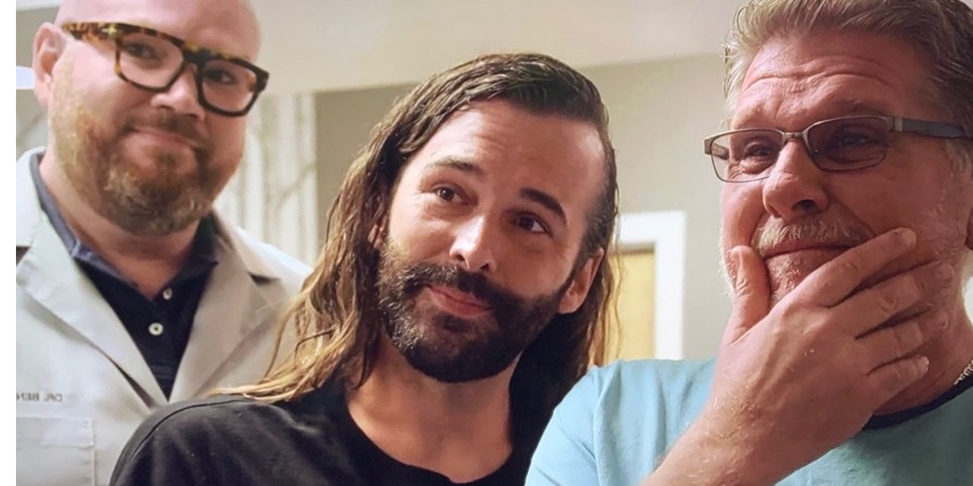 Jonathan Van Ness and Kevin Abernathy admire his new teeth at the dentist in Queer Eye season 5