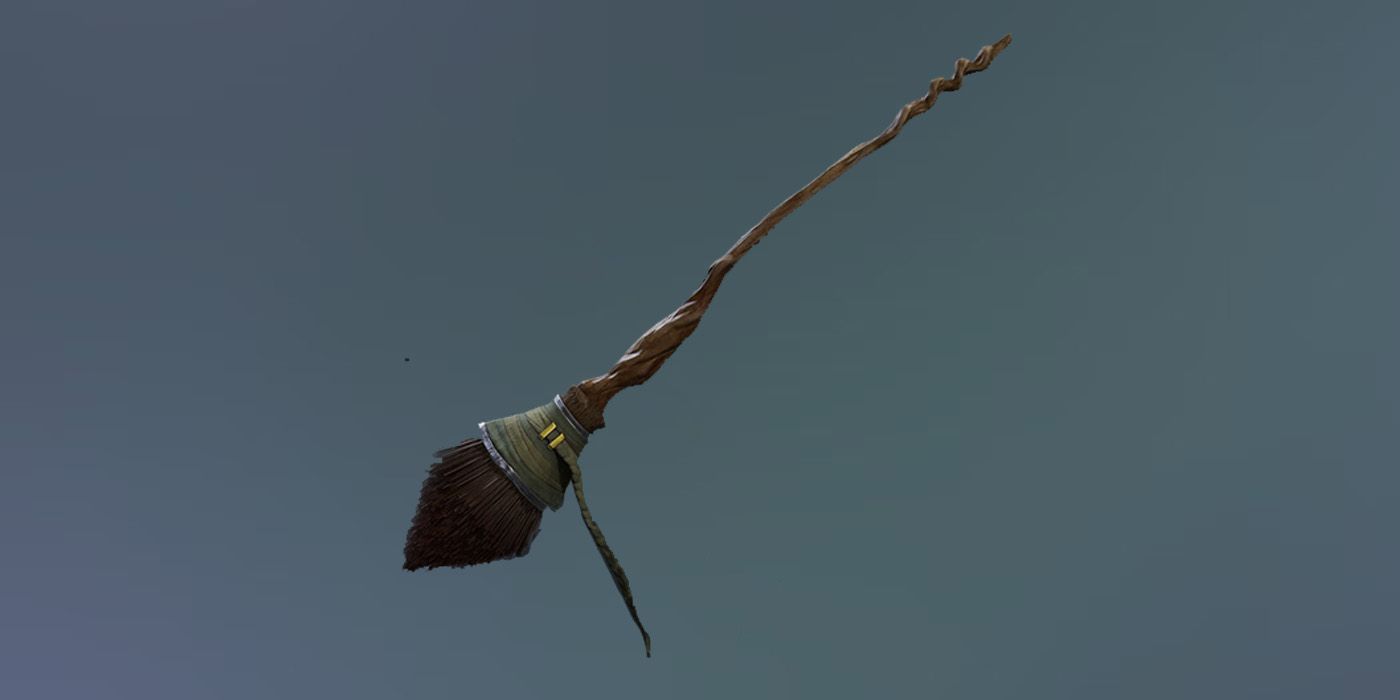 A render of the Yew Weaver broom in Hogwarts Legacy against a gray background.