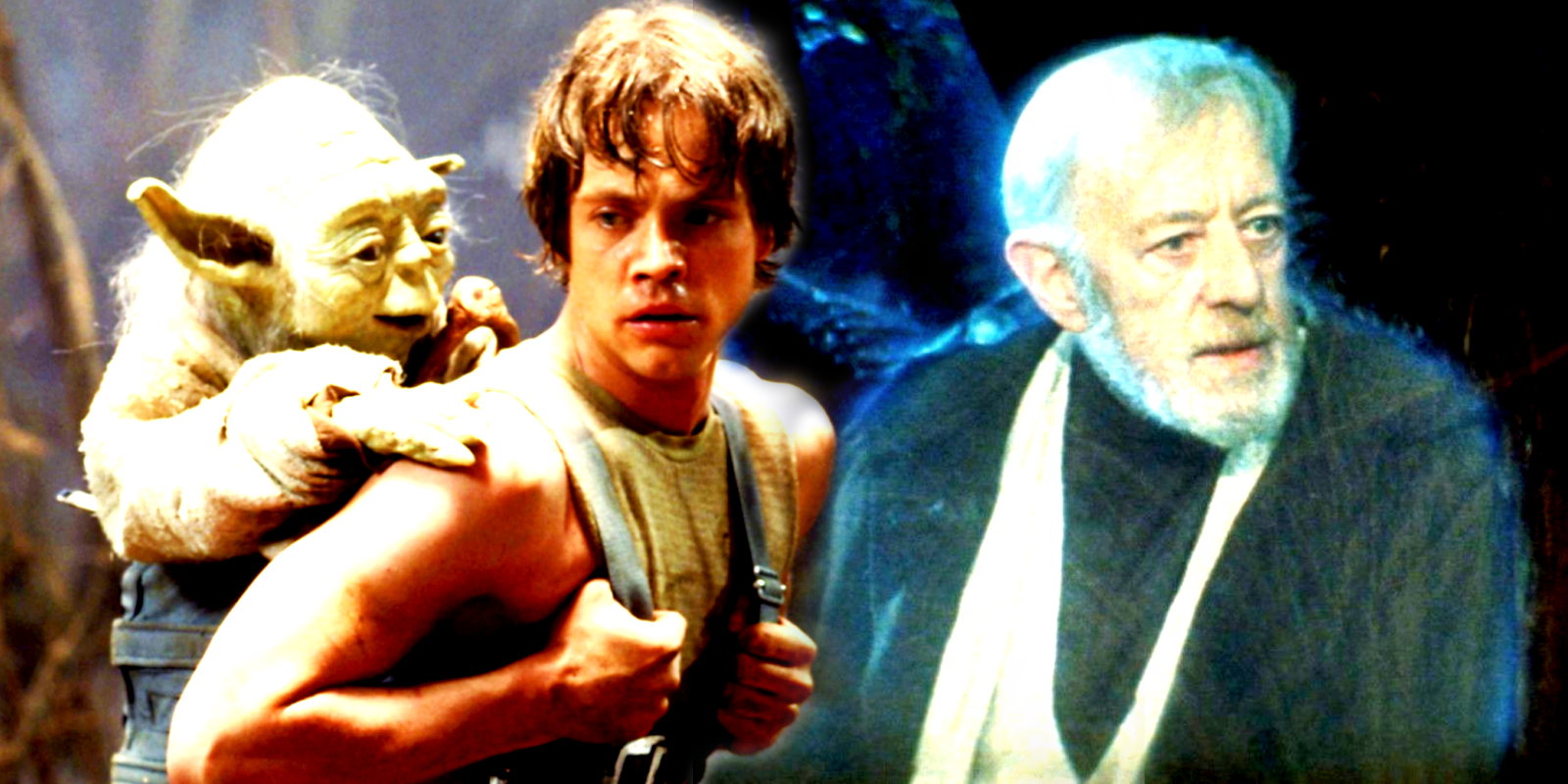 Luke Skywalker carrying Yoda on his back and Obi-Wan Kenobi's Force Ghost in The Empire Strikes Back 