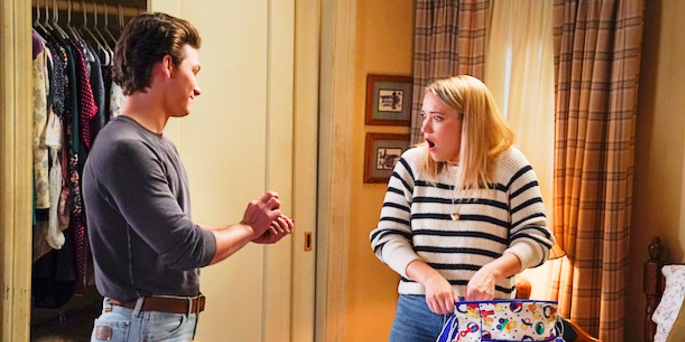 Georgie mostra a Mandy chocada um anel de noivado no final da 6ª temporada de Young Sheldon