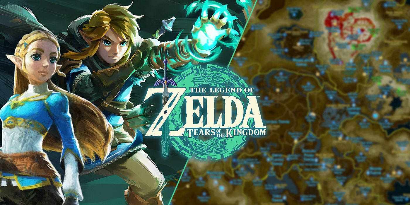 Zelda et Link à côté du logo de Tears of the Kingdom avec la carte en arrière-plan.