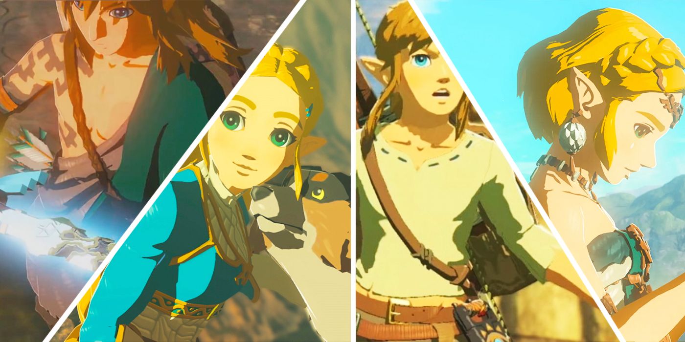A collage of four images showing the differences between Link and Zelda's appearances in Breath of the Wild and Tears of the Kingdom.