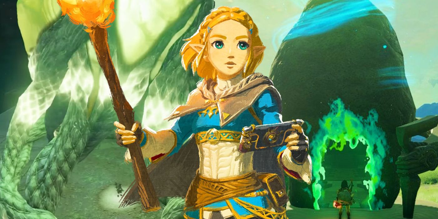 Seni Putri Zelda berdiri di depan Lightroot dan Kuil di Zelda: Air Mata Kerajaan.