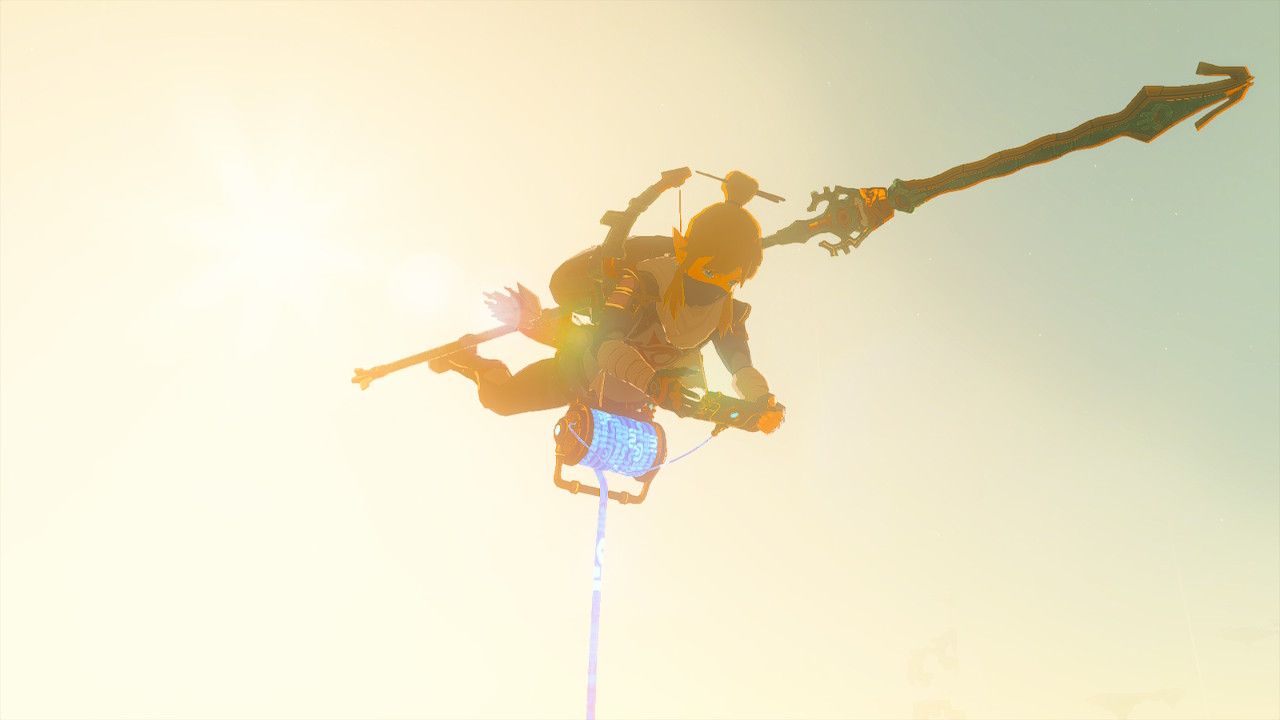 Link hovering in the skyline in Tears of the Kingdom