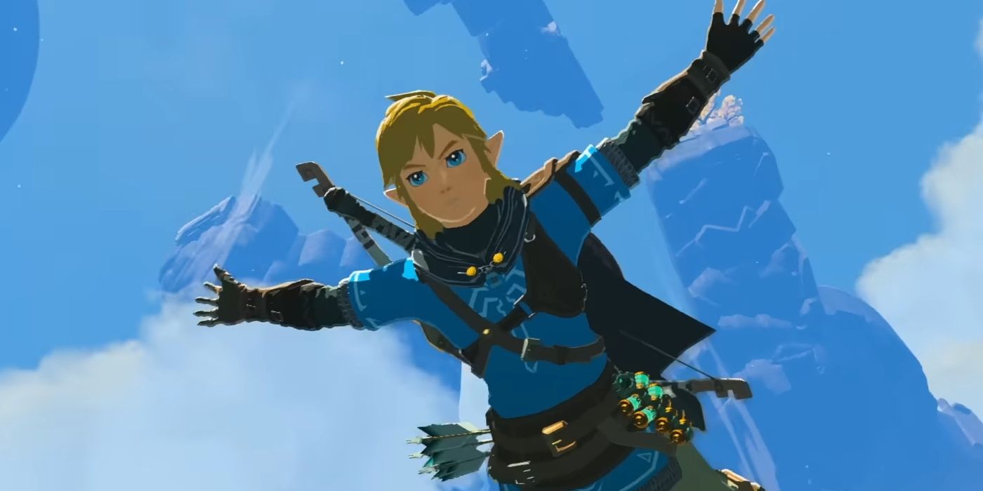 Link opens his arms and skydives in Zelda Tears of the Kingdom.