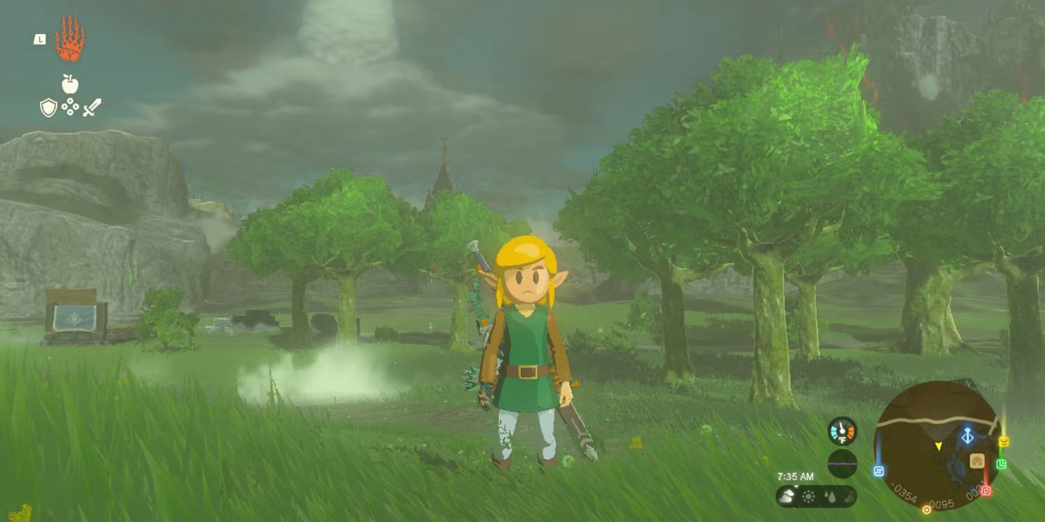 Link mengenakan set baju besi Kebangkitan, yang memberinya penampilan kartun dengan mata terbelalak mirip dengan penampilannya di pembuatan ulang Link's Awakening, di Air Mata Kerajaan.