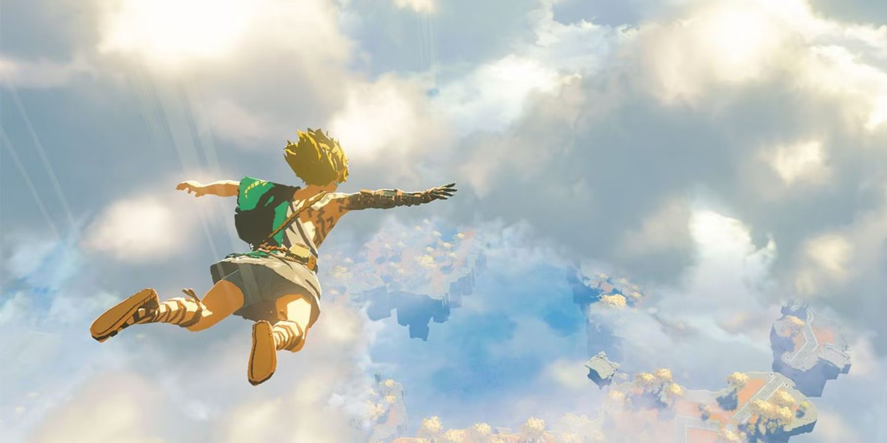 Link skydiving in TOTK, with some land formations visible below.