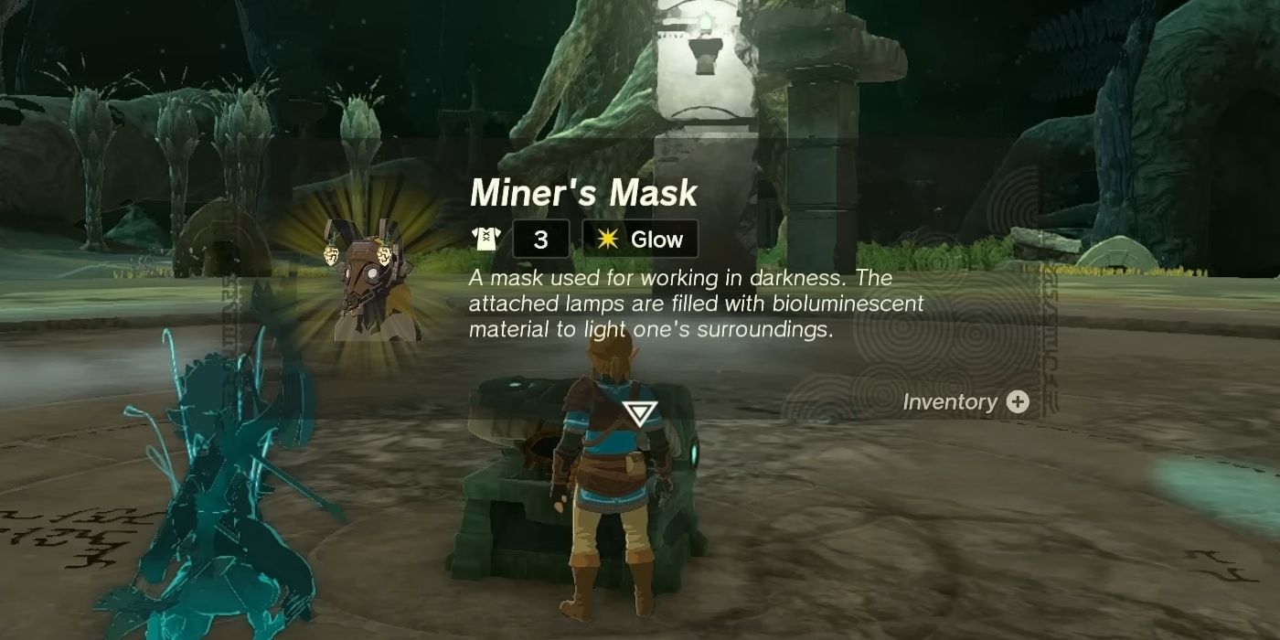 Une capture d'écran montrant le masque de mineur récemment acquis dans Zelda : Tears of the Kingdom.