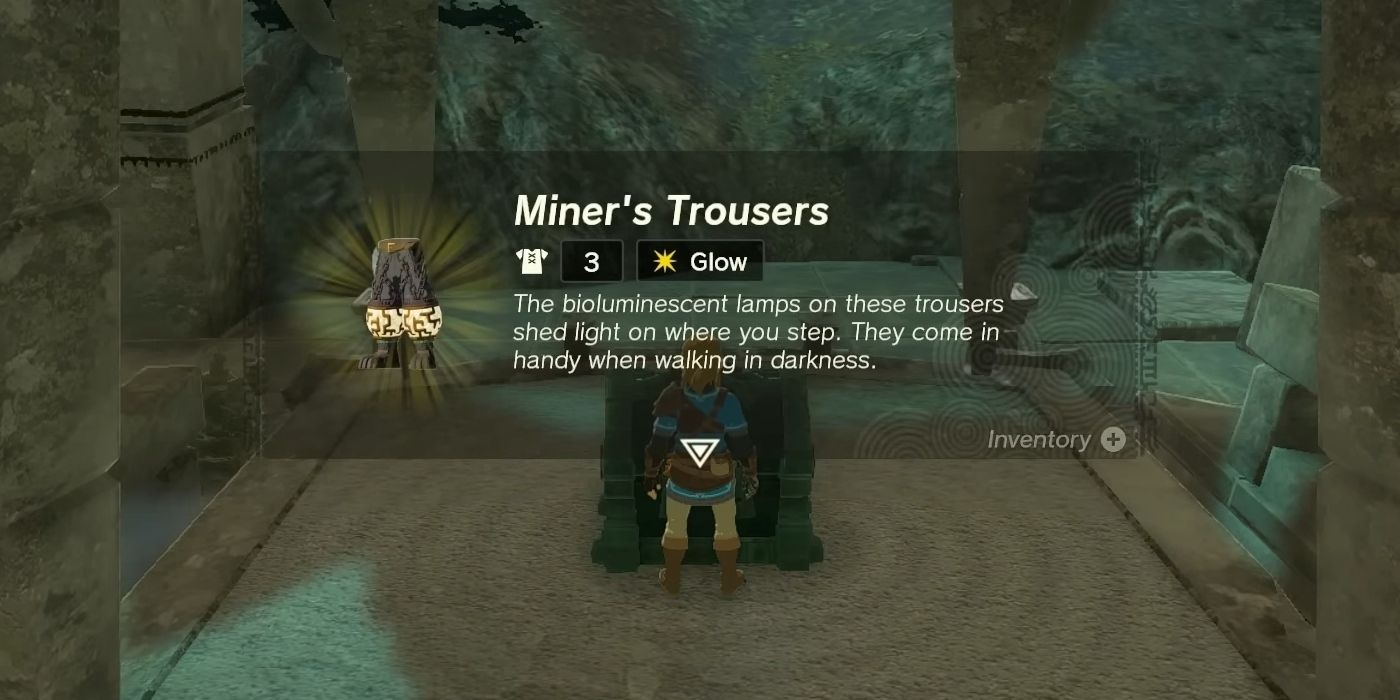 Una captura de pantalla que muestra los pantalones de minero adquiridos recientemente en Zelda: Tears of the Kingdom.