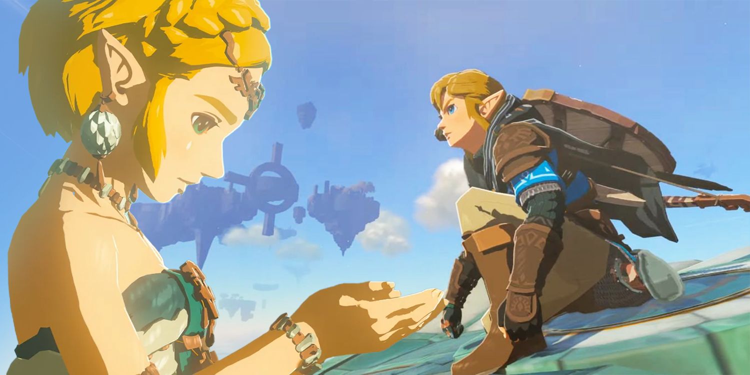 Zelda with her hand bowed while Link is in the background looking up at the sky.