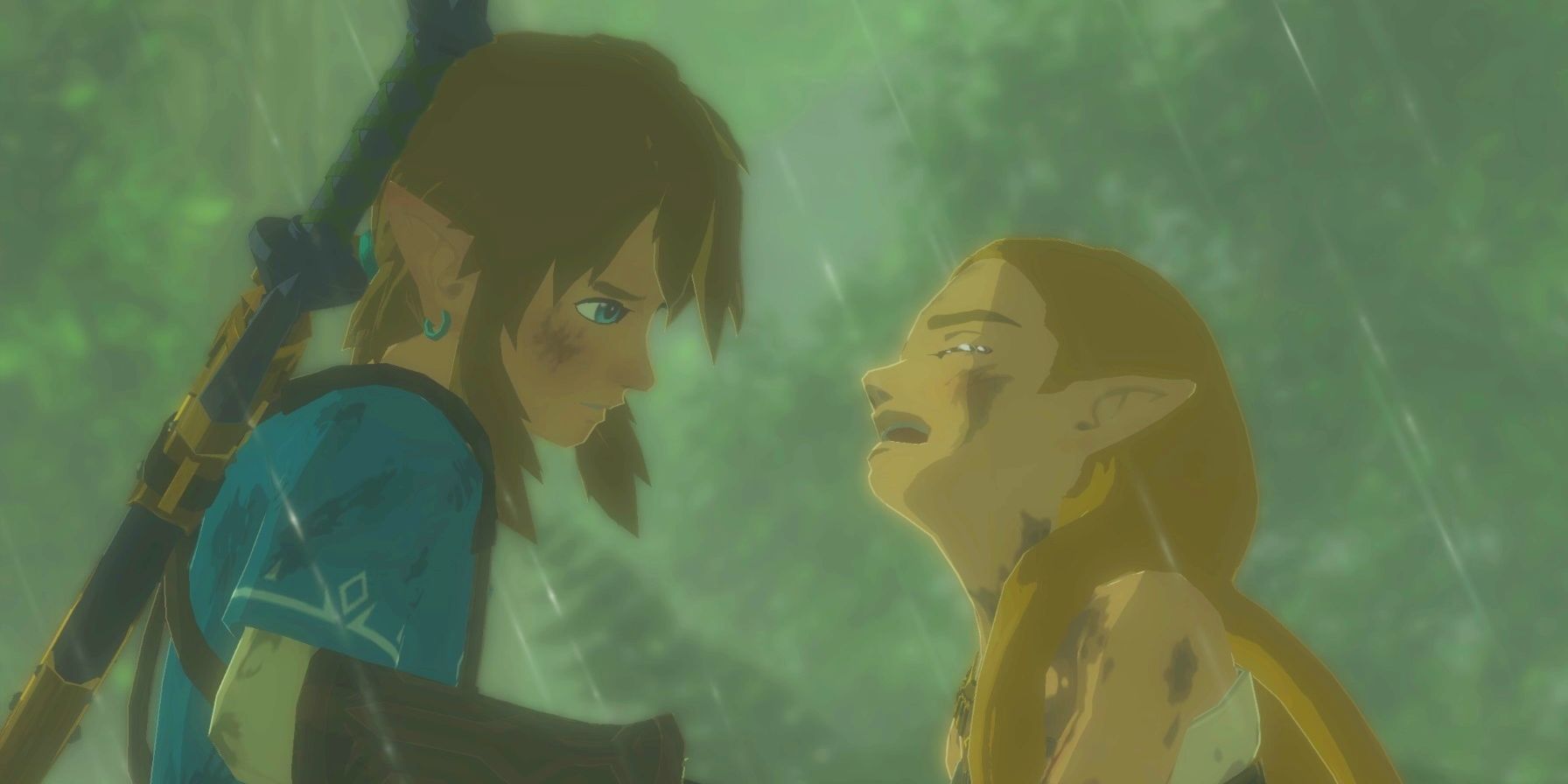 Zelda cries while Link tries to comfort her. Rain is falling around them.