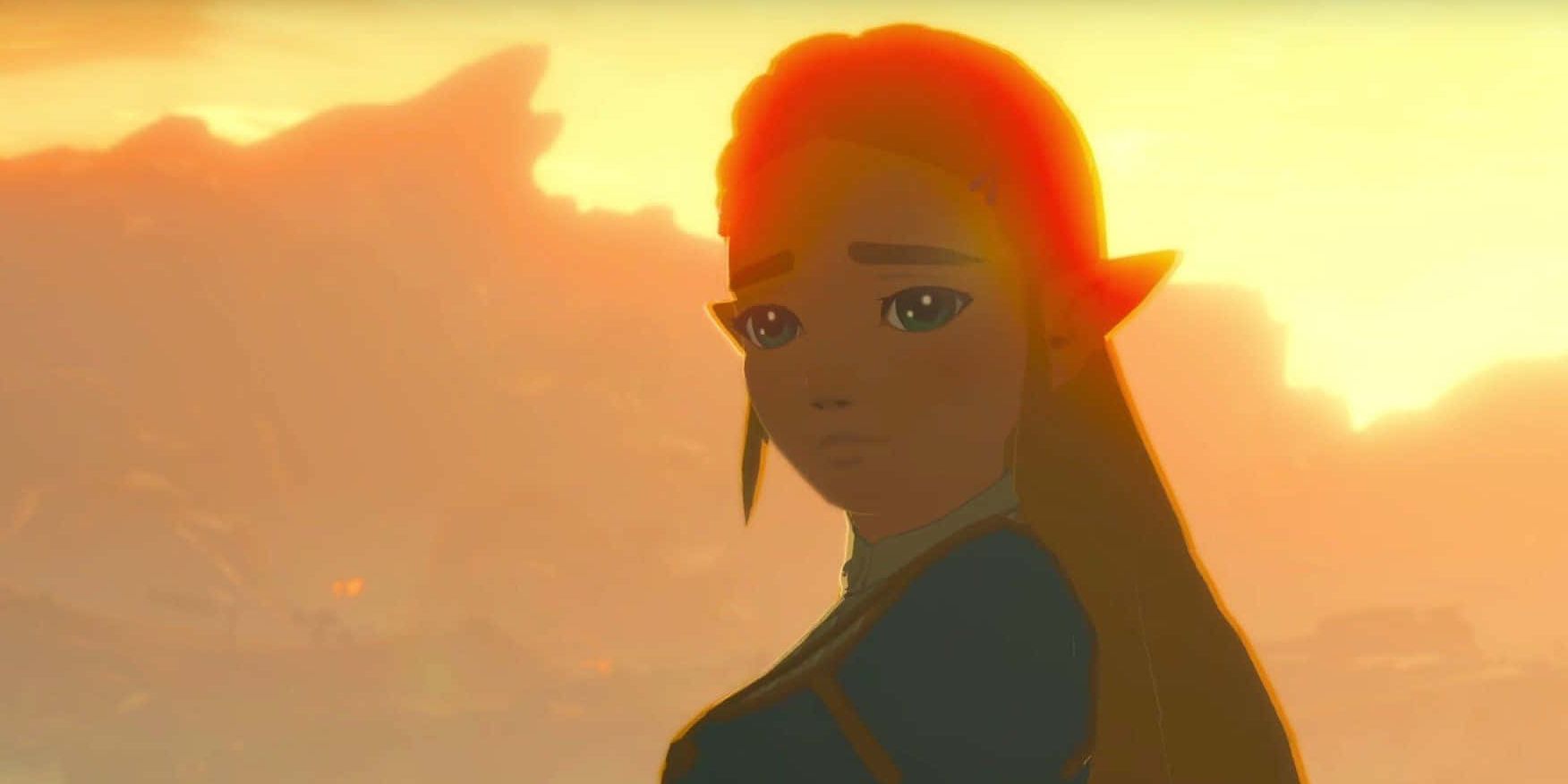 Zelda looks at the camera with a sad expression as the sun sets in the distance.