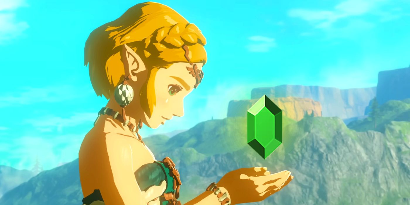 Princess Zelda from Tears Of The Kingdom holding up a glowing rupee.